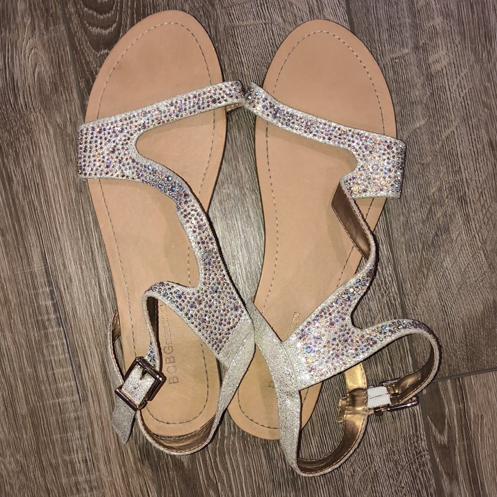 BCBGeneration ‘Bradin 2’ Crystal Studded Platinum Buckle Sandals
